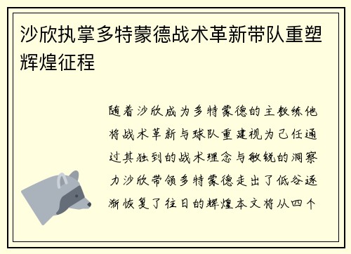 沙欣执掌多特蒙德战术革新带队重塑辉煌征程 沙欣执掌多特蒙德战术革新带队重塑辉煌征程